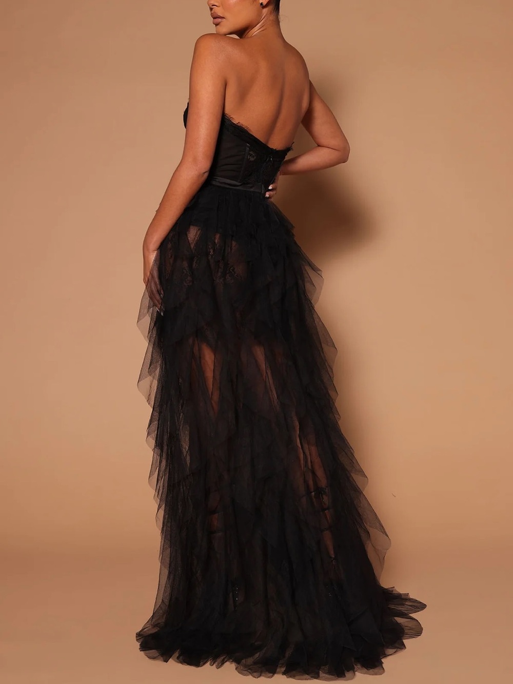 Black Strapless Lace Bustier High-Low Tulle Evening Dress - Picture 3 of 3